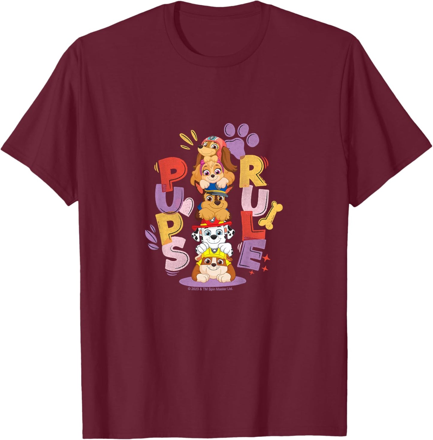Kids PAW Patrol Pups Rule Cute Colorful Stacked Group Shot T-Shirt - T-Shirt | Maroon
