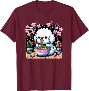 Kawaii Bichon Frise Dog Eating Ramen T-Shirt - T-Shirt | Maroon