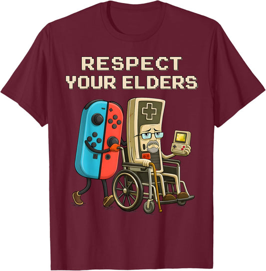 Respect Your Elders Gaming Control Retro Funny Gamer T-Shirt - T-Shirt | Maroon