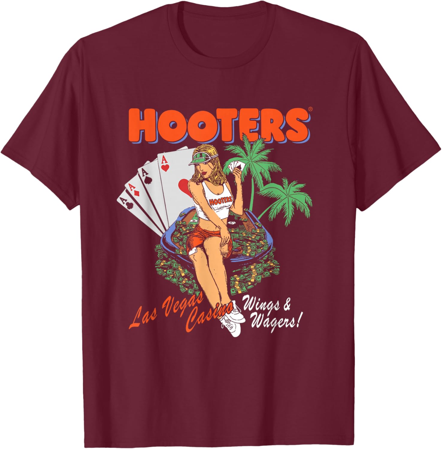 Hooters Las Vegas Casino Wings & Wagers Pin-Up Girl Scene T-Shirt - T-Shirt | Maroon