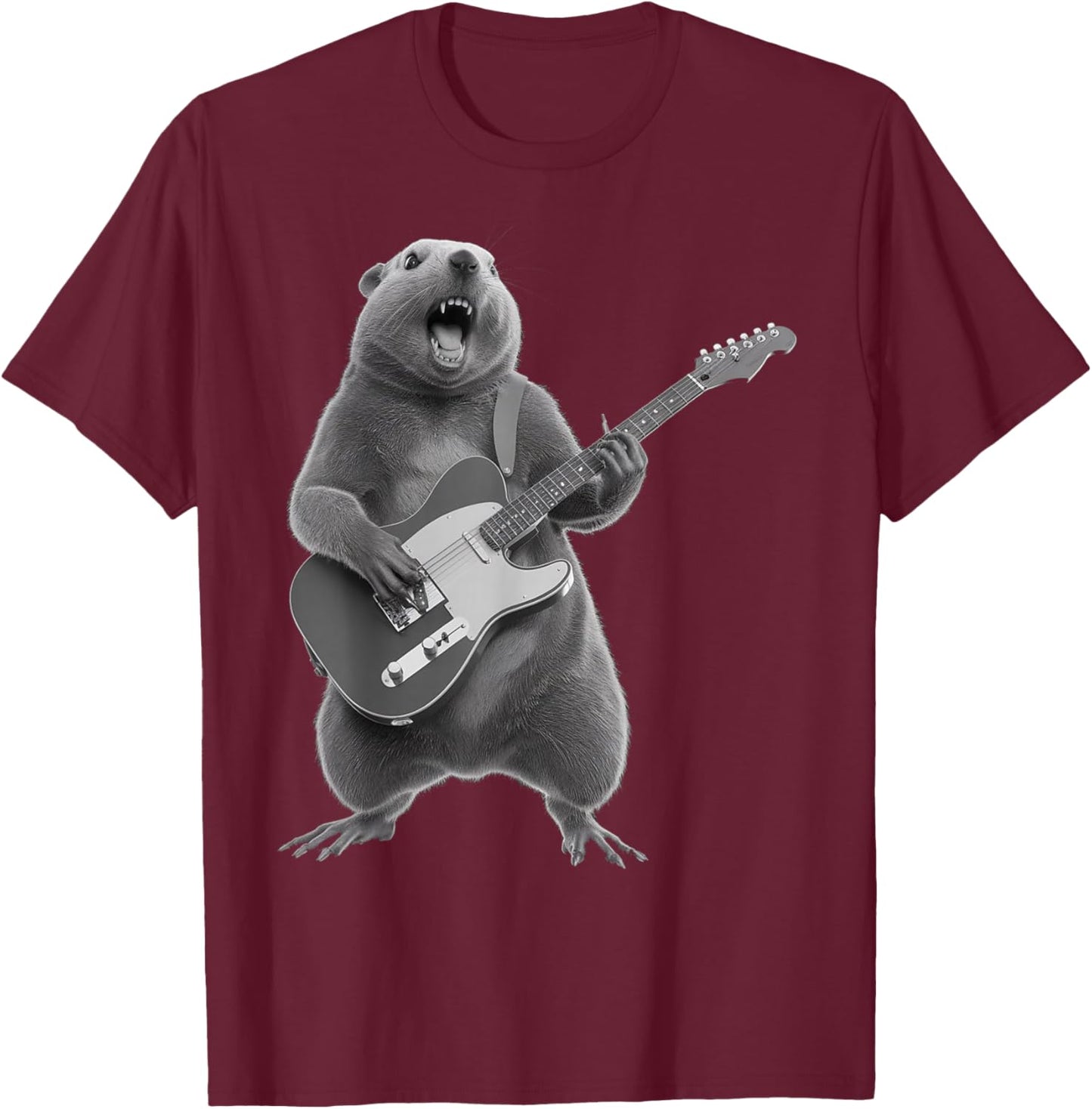 Groundhog Playing Guitar Rock Star Happy Groundhog T-Shirt - T-Shirt | Maroon