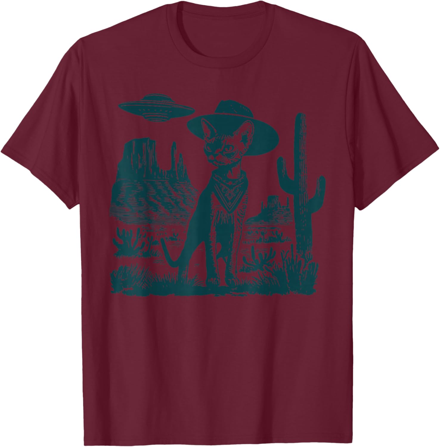 Vintage Devon Rex Cat Cowboy Hat UFO Western Country Rodeo T-Shirt - T-Shirt | Maroon