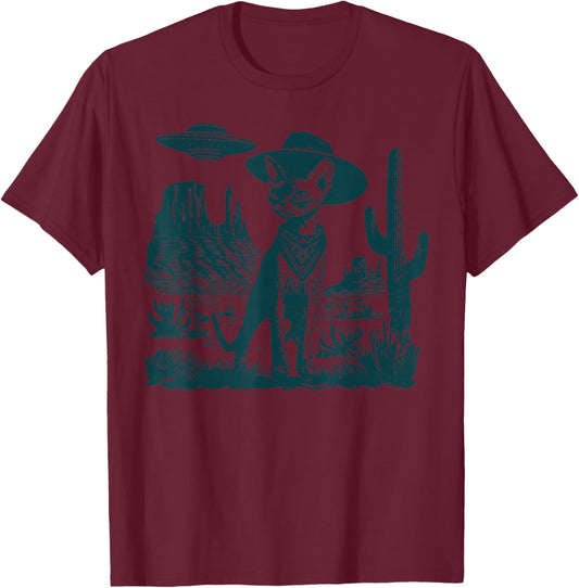 Vintage Devon Rex Cat Cowboy Hat UFO Western Country Rodeo T-Shirt - T-Shirt | Maroon