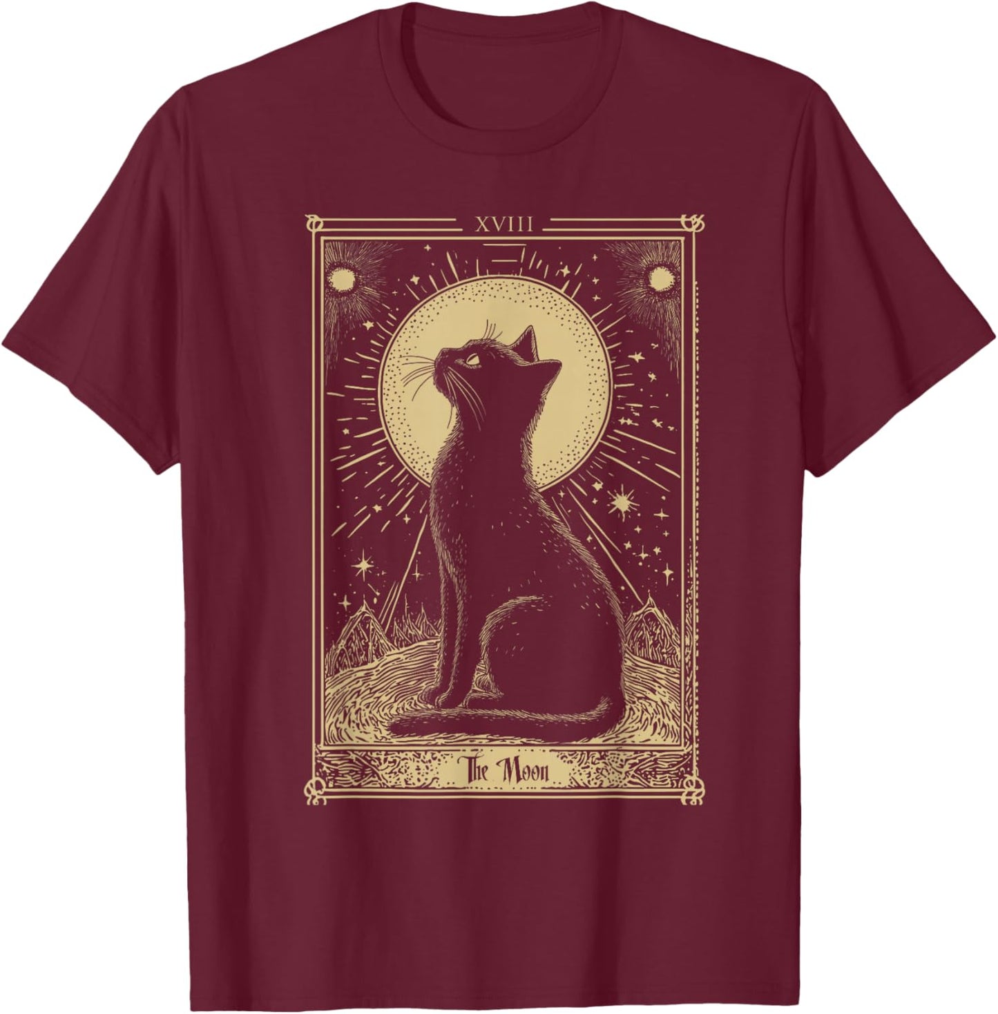 Gothic Tarot Card The Moon Cat Crescent Mystical Art , Black, S T-Shirt - T-Shirt | Maroon