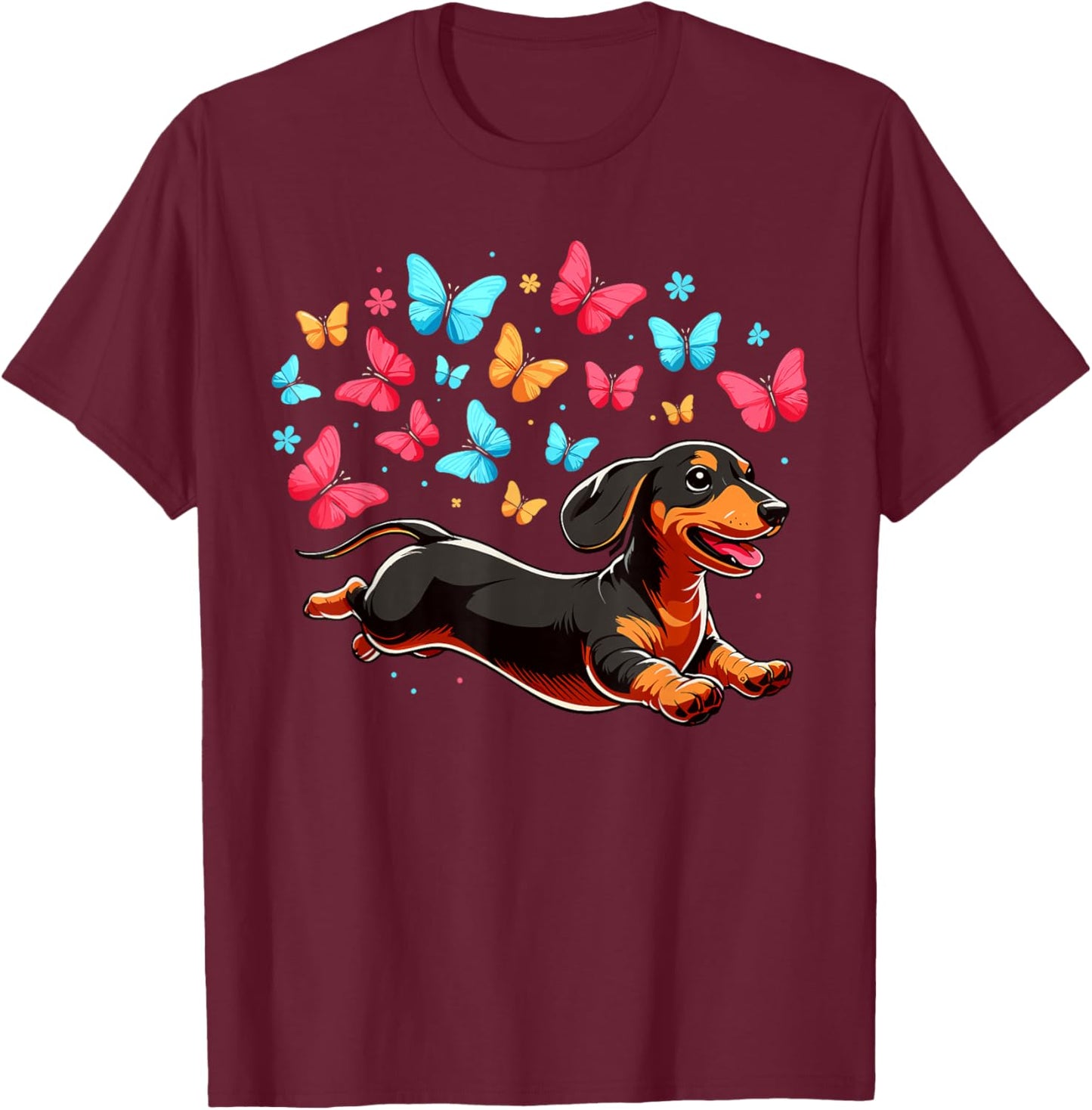 Dachshund With Butterflies T-Shirt - T-Shirt | Maroon