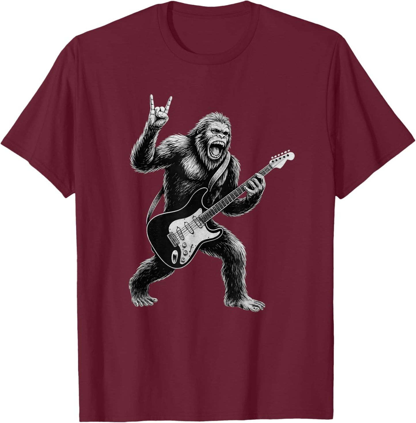 Funny Bigfoot Sasquatch Playing Guitar, Rock and Roll Music T-Shirt - T-Shirt | Maroon