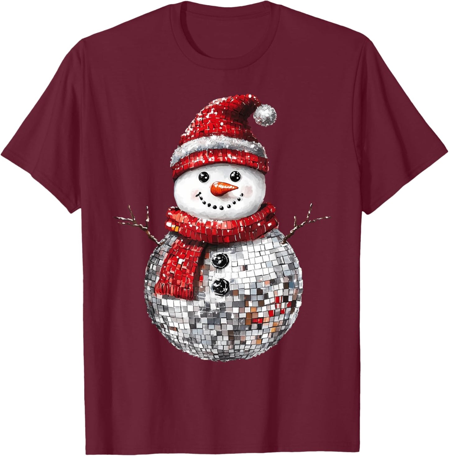 Cute Snowman Disco Ball Christmas Santa Hat Matching Family T-Shirt - T-Shirt | Maroon