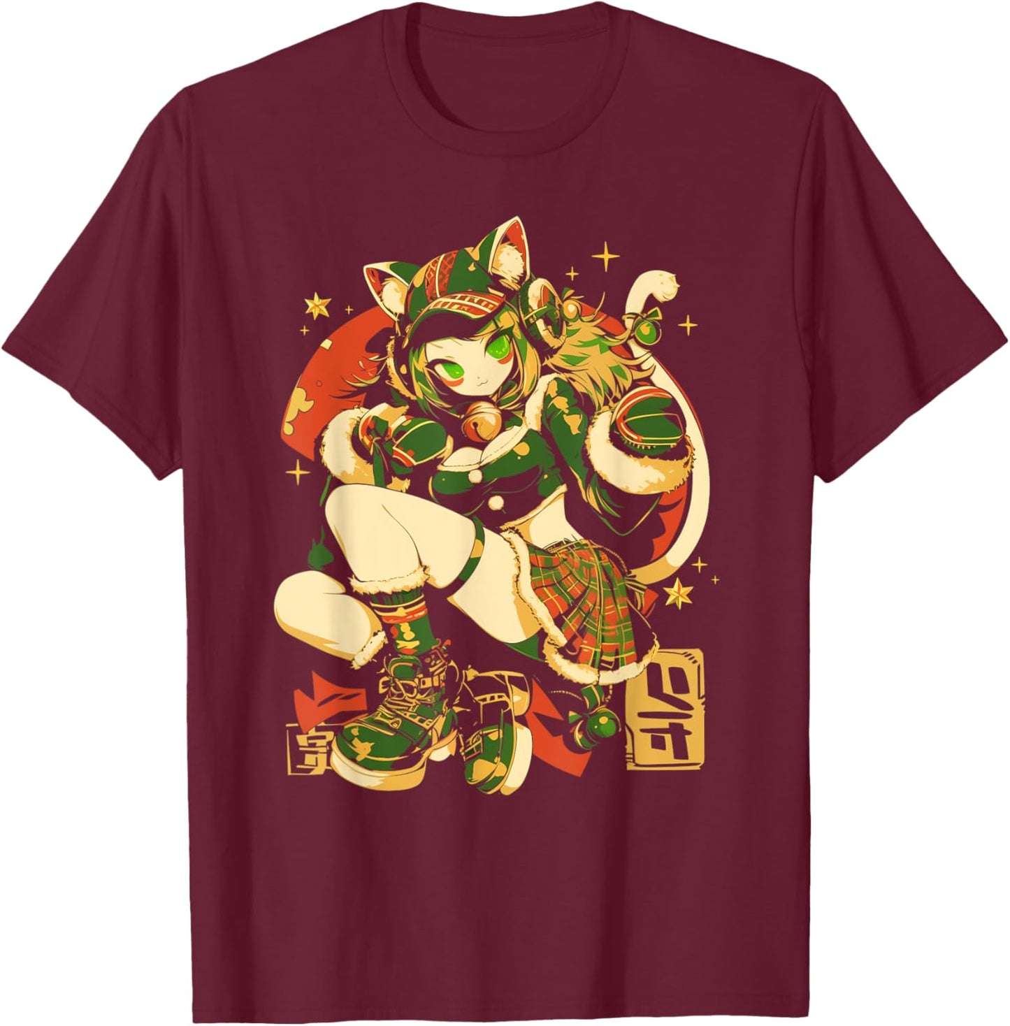 Alternative Christmas Manga Japan Anime Woman co. Christmas Cat Girl Anime Waifu Kawaii Japan Holiday Cute T-Shirt - T-Shirt | Maroon
