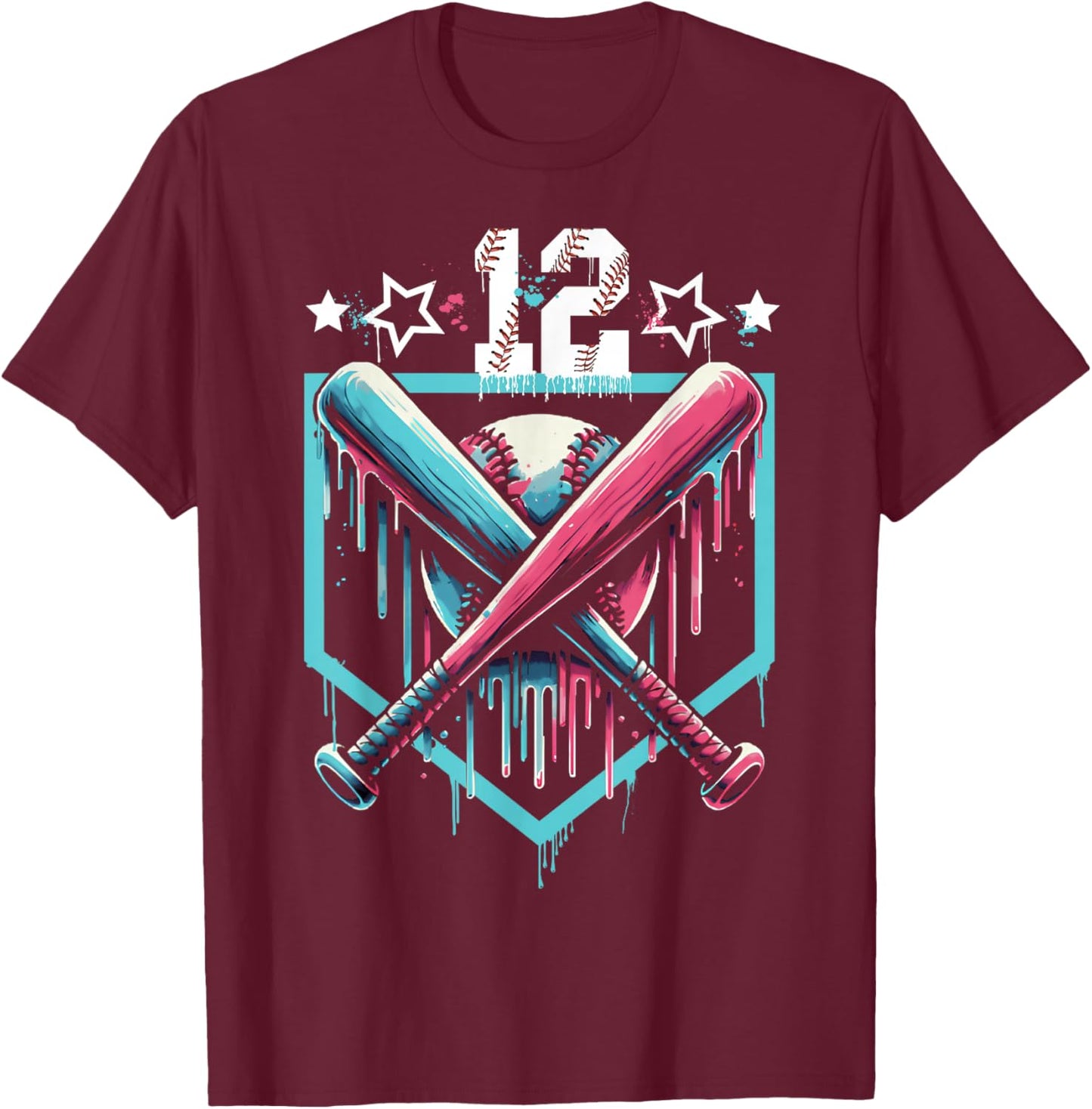 Baseball Drip 12th Birthday Boys Number 12 Youth 12 Year Old T-Shirt - T-Shirt | Maroon