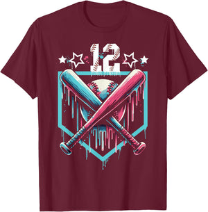 Baseball Drip 12th Birthday Boys Number 12 Youth 12 Year Old T-Shirt - T-Shirt | Maroon