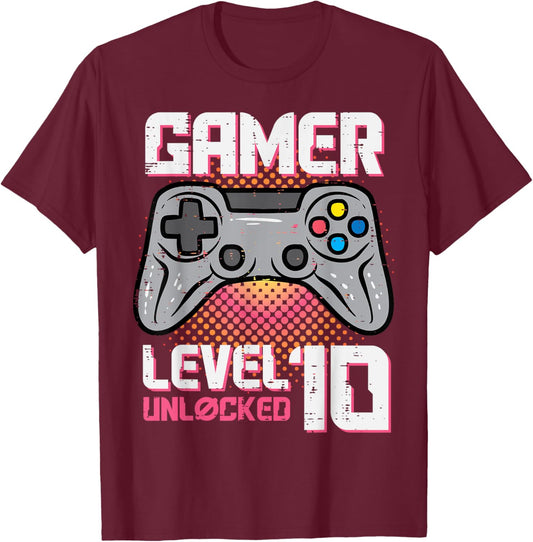 Gamer Birthday Level 10 Unlocked 10th Bday Party Boys Girls T-Shirt - T-Shirt | Maroon