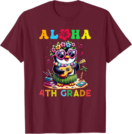 Aloha Fourth Grade Penguin Hawaii Back to School Kids Girl T-Shirt - T-Shirt | Maroon