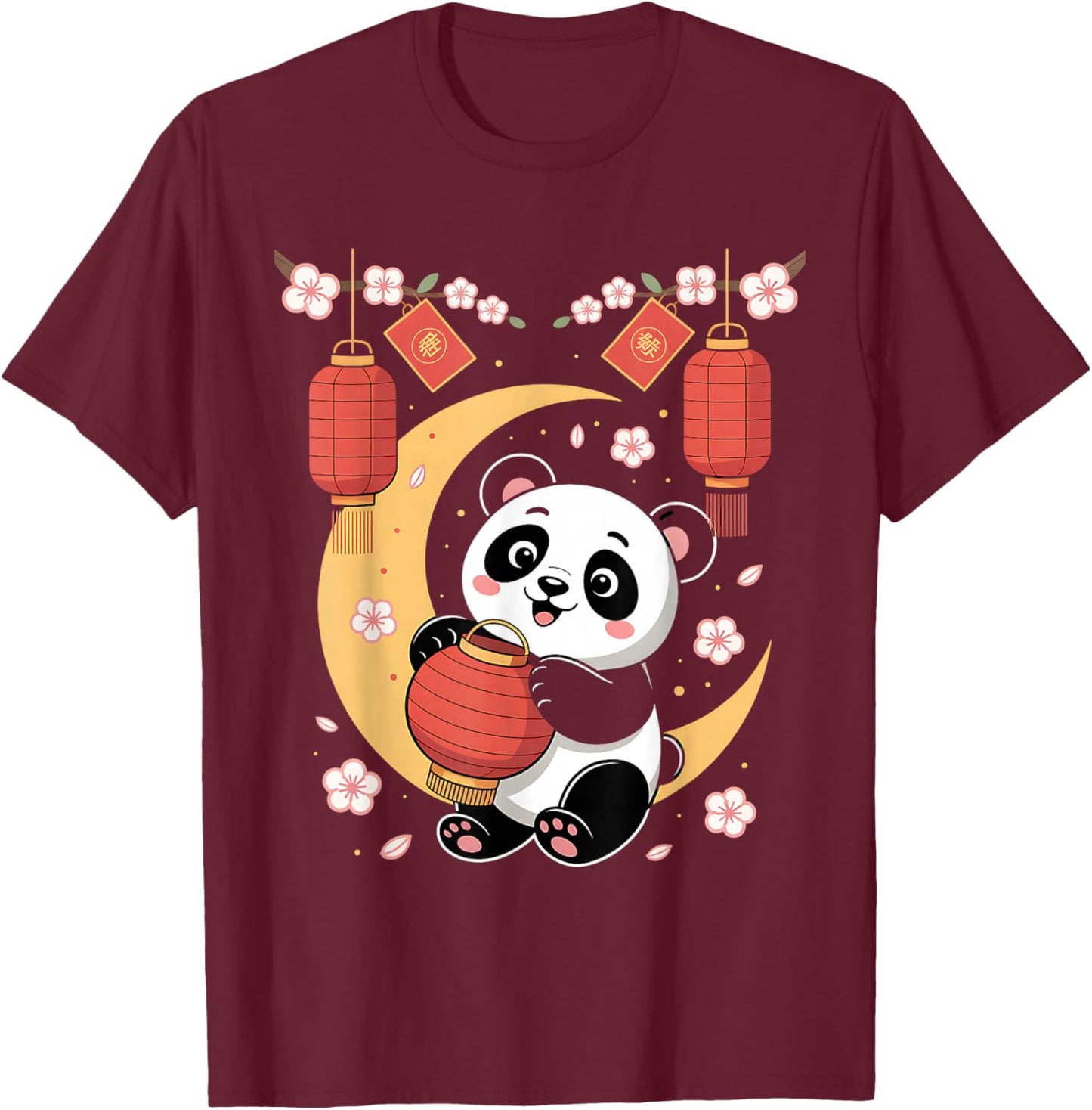 Chinese New Year Panda Lantern Blossom 2026 T-Shirt - T-Shirt | Maroon