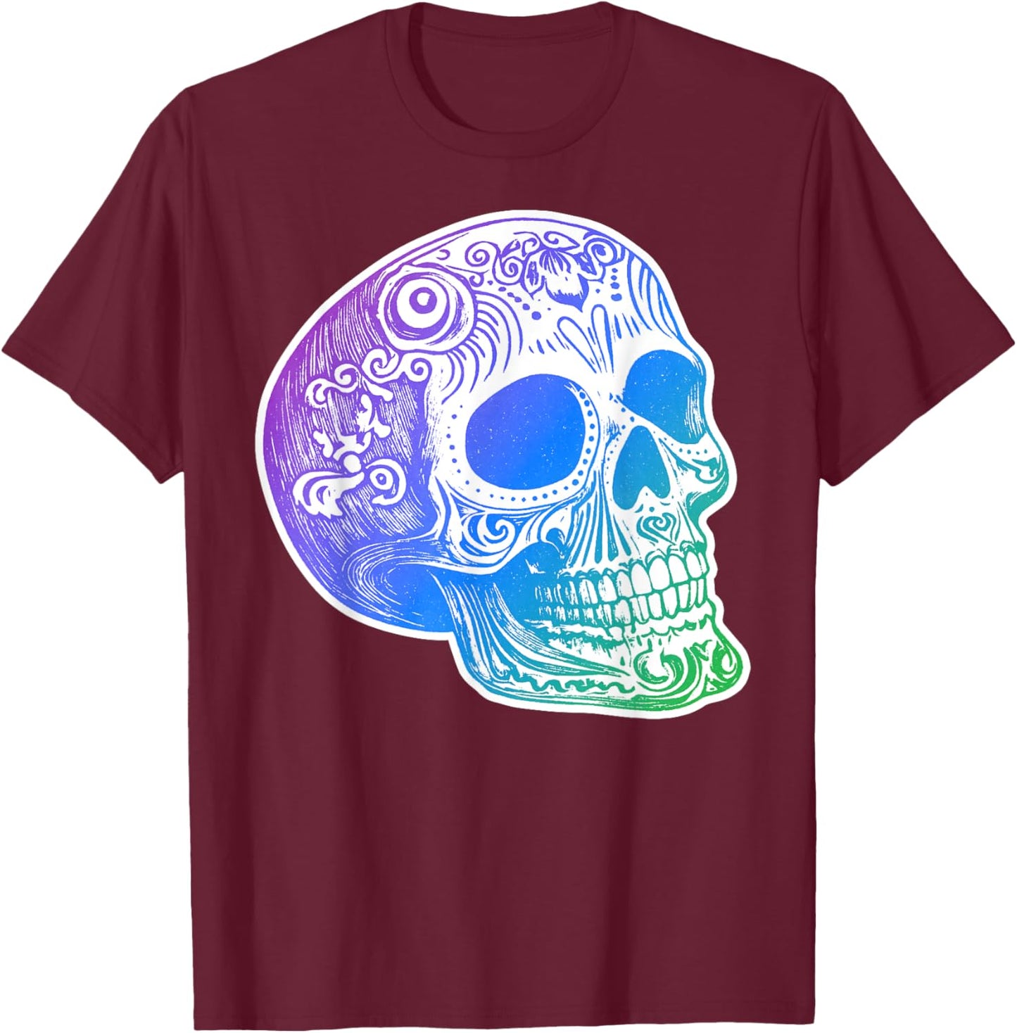 Authentic Calaca Gradient Sugar Skull Design T-Shirt - T-Shirt | Maroon