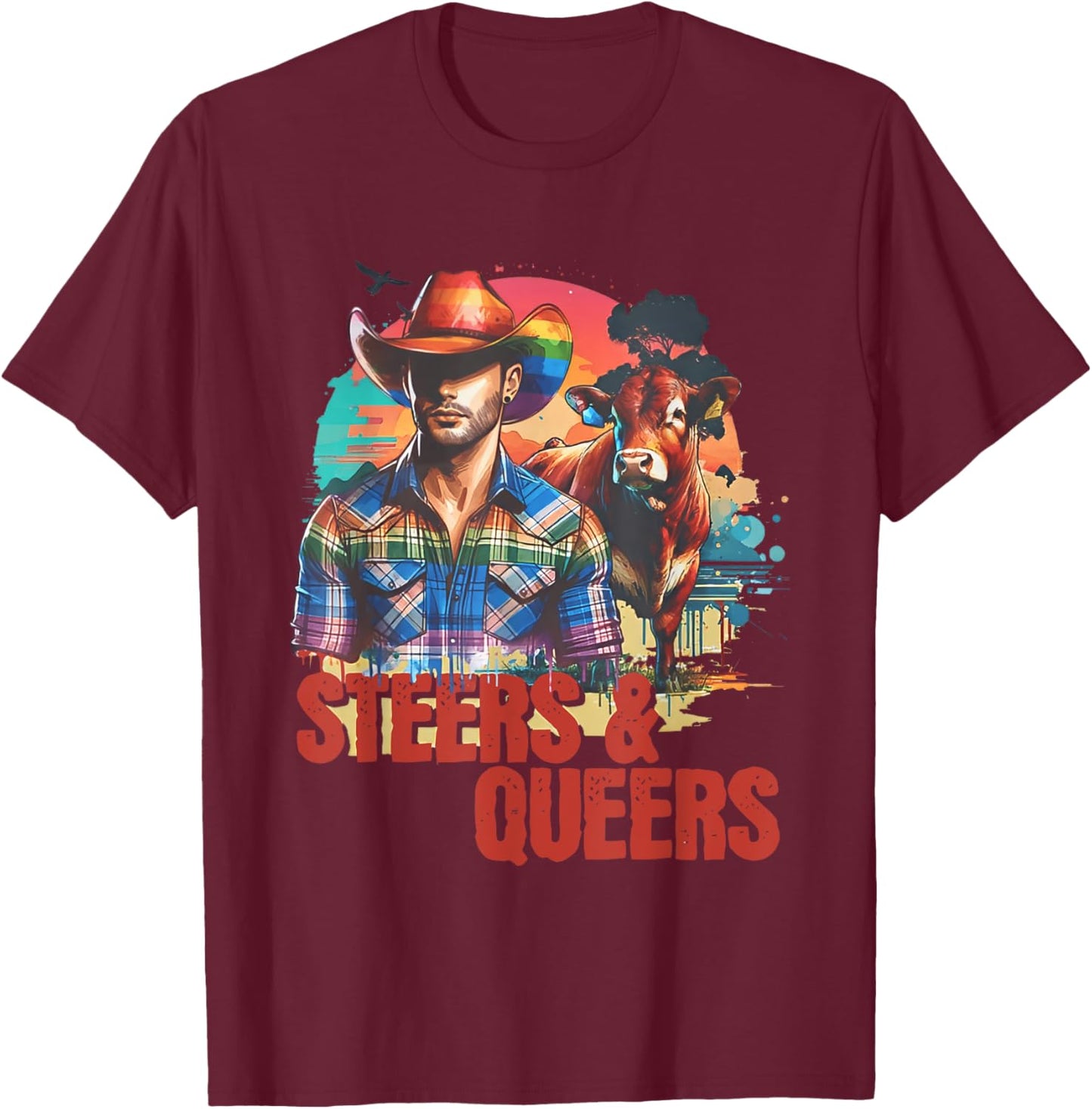 Steers & Queers Country Cowboy Gay T-Shirt - T-Shirt | Maroon