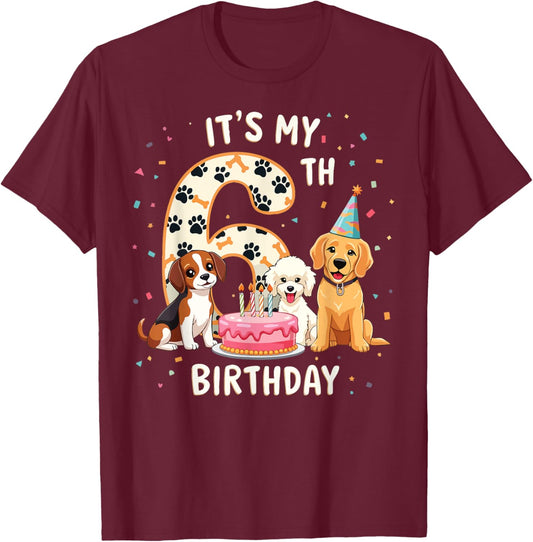 It's My 6th Birthday Dog Lover Theme 6 Years Old Puppy Dogs T-Shirt - T-Shirt | Maroon