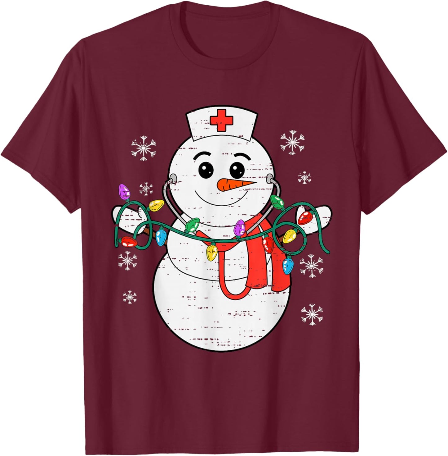 Snowman Nurse Christmas Stethoscope Xmas Scrub Top Women T-Shirt - T-Shirt | Maroon