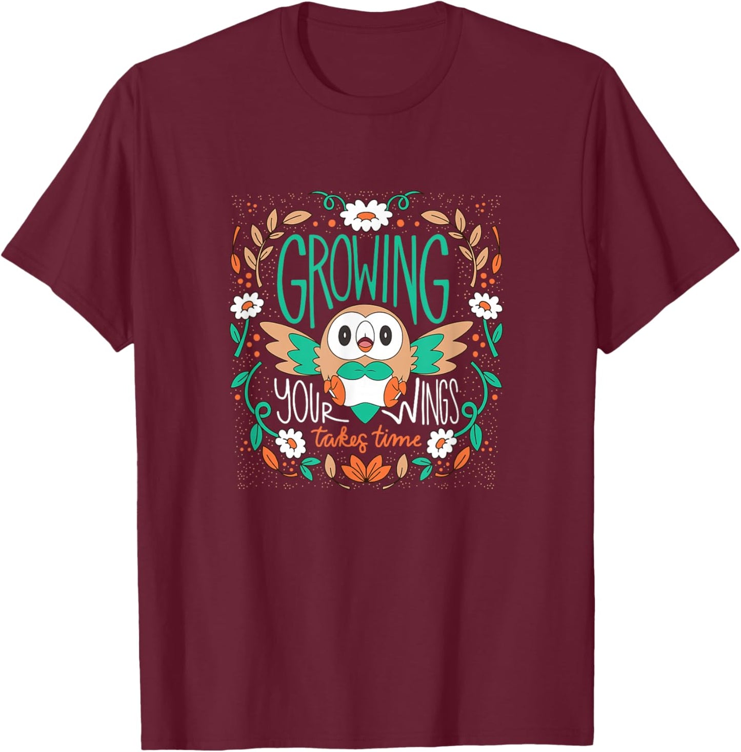 Pokemon - Rowlet Growing Your Wings Takes Time -Adults , Black, Small, Short Sleeve T-Shirt - T-Shirt | Maroon