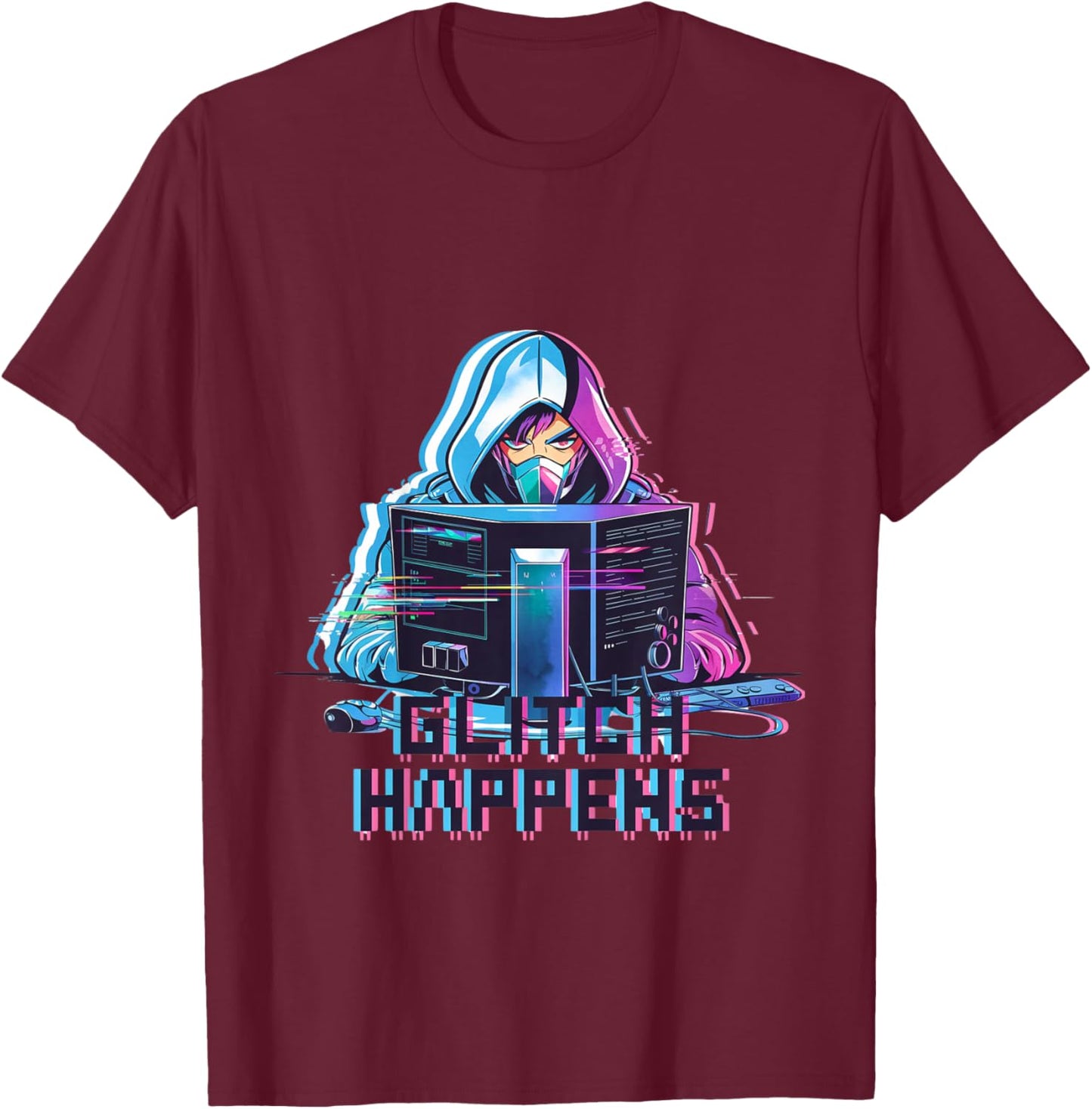 Kids Glitch Happens Anime Gamer Boy Male Futuristic Gaming T-Shirt - T-Shirt | Maroon