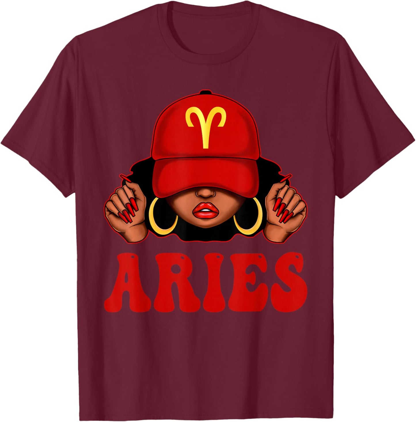 Aries Black Woman with Red Cap Zodiac Sign Birthday T-Shirt - T-Shirt | Maroon