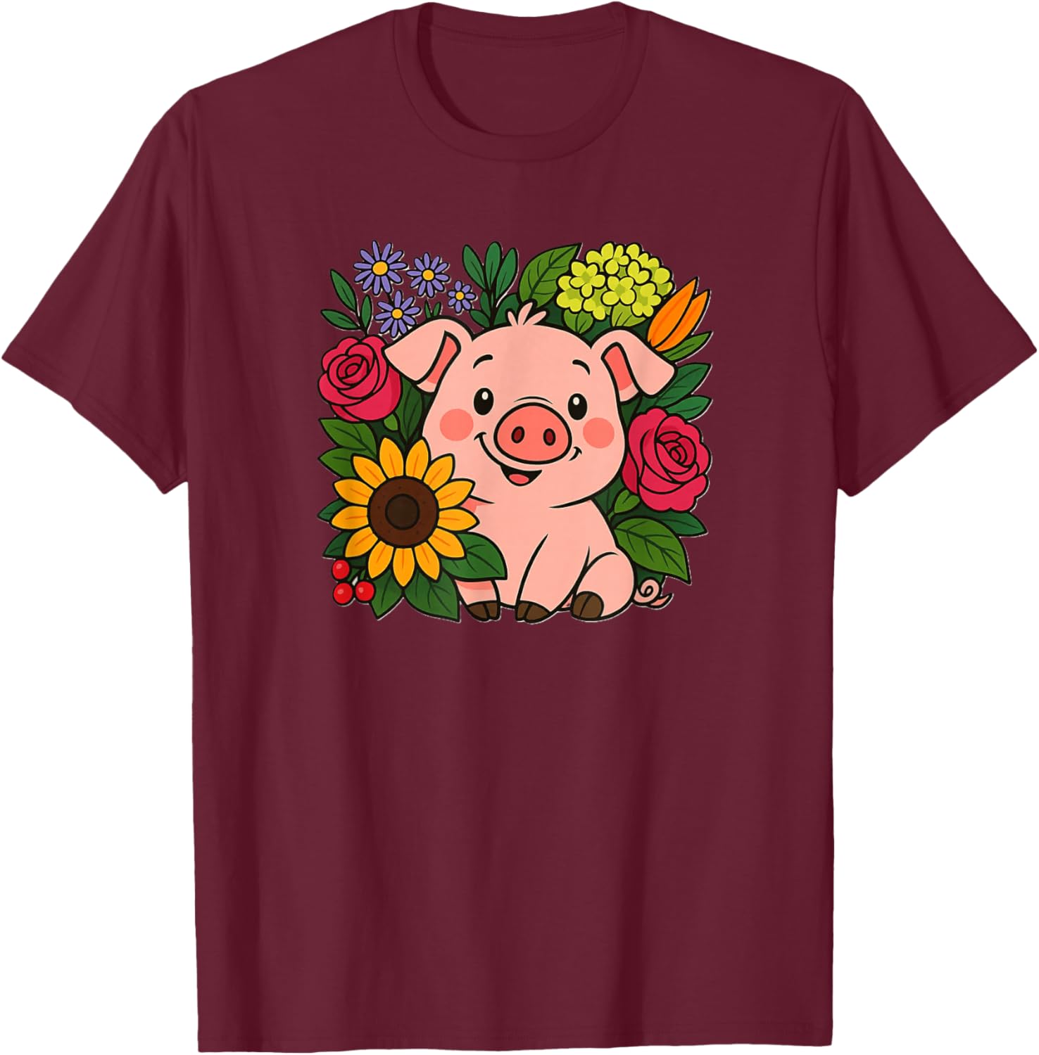 Cute Pig in Flowers Farm Animal T-Shirt - T-Shirt | Maroon