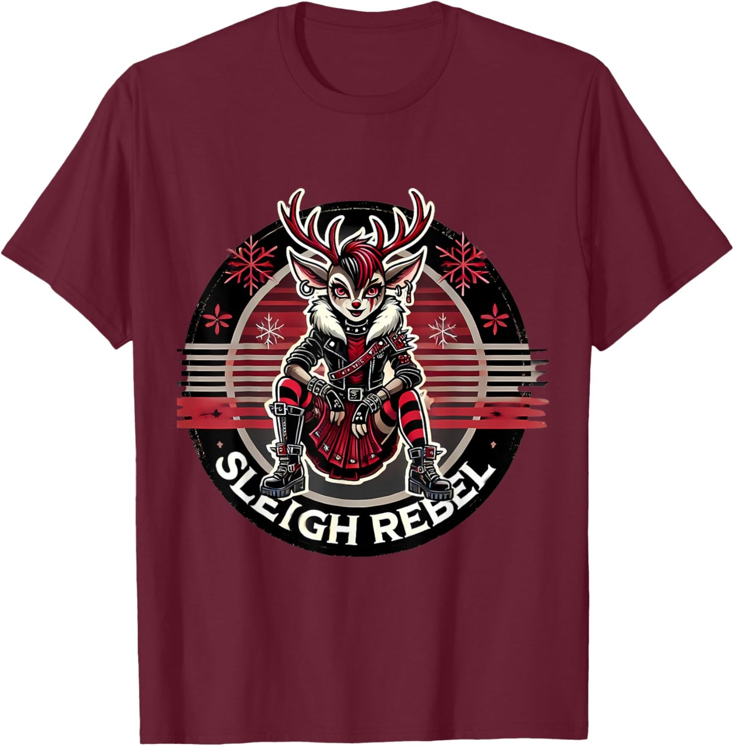 Sleigh Rebel Punk Gothic Reindeer Christmas Design T-Shirt - T-Shirt | Maroon