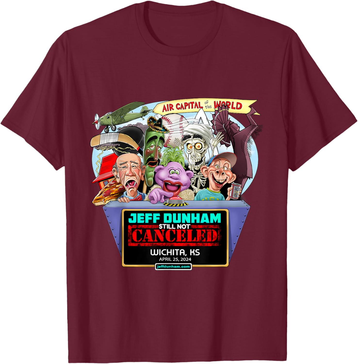Jeff Dunham Wichita, KS (2024) T-Shirt - T-Shirt | Maroon