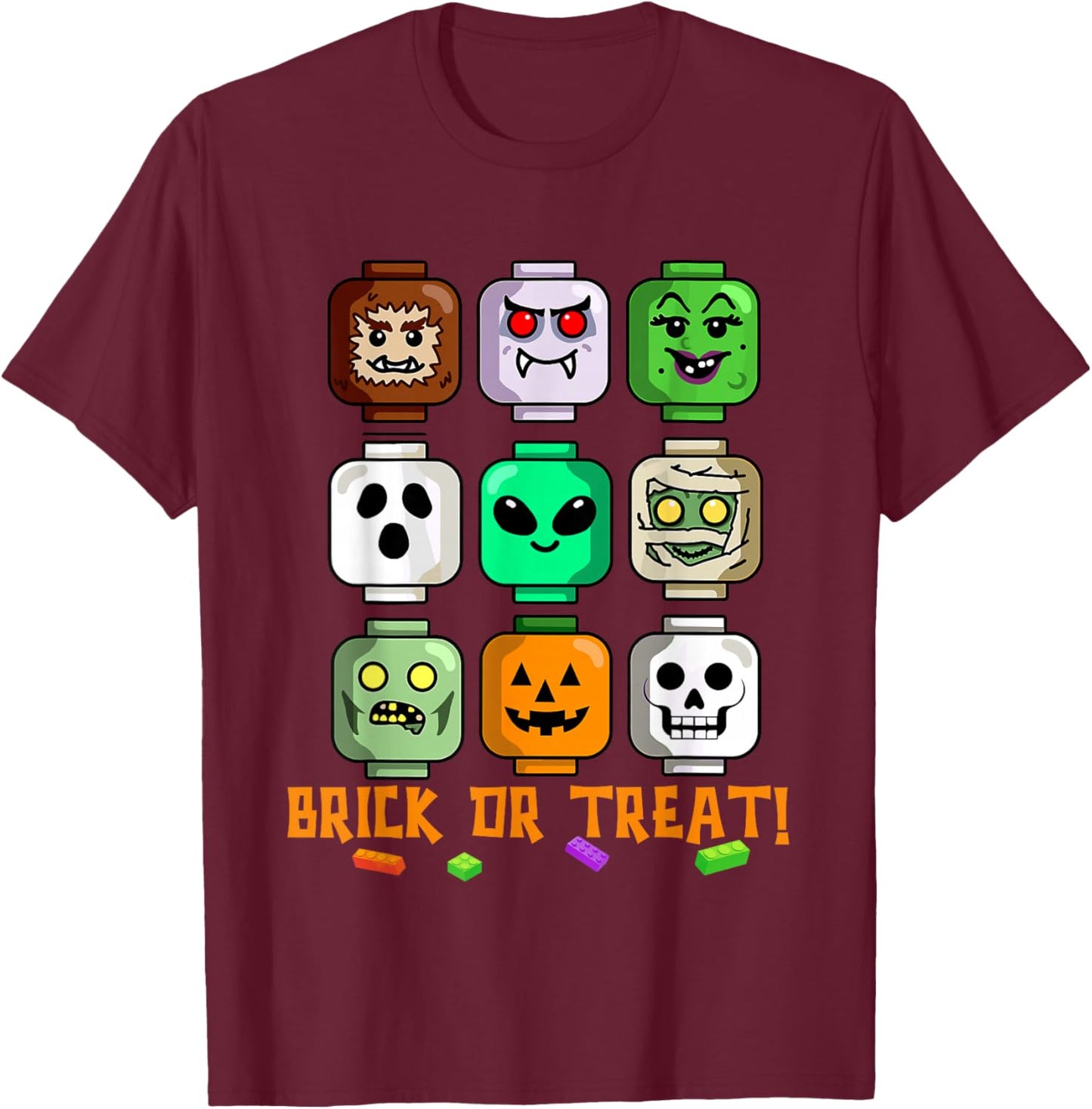 Halloween Building Brick or Treat Heads Pumpkin Ghost Mummy T-Shirt - T-Shirt | Maroon