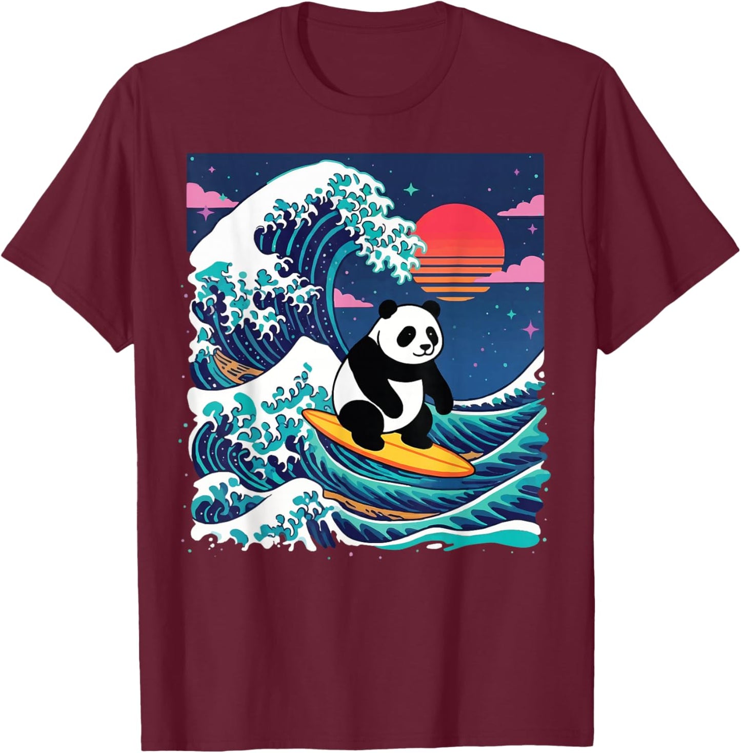 Panda Surfing Japanese T-Shirt - T-Shirt | Maroon