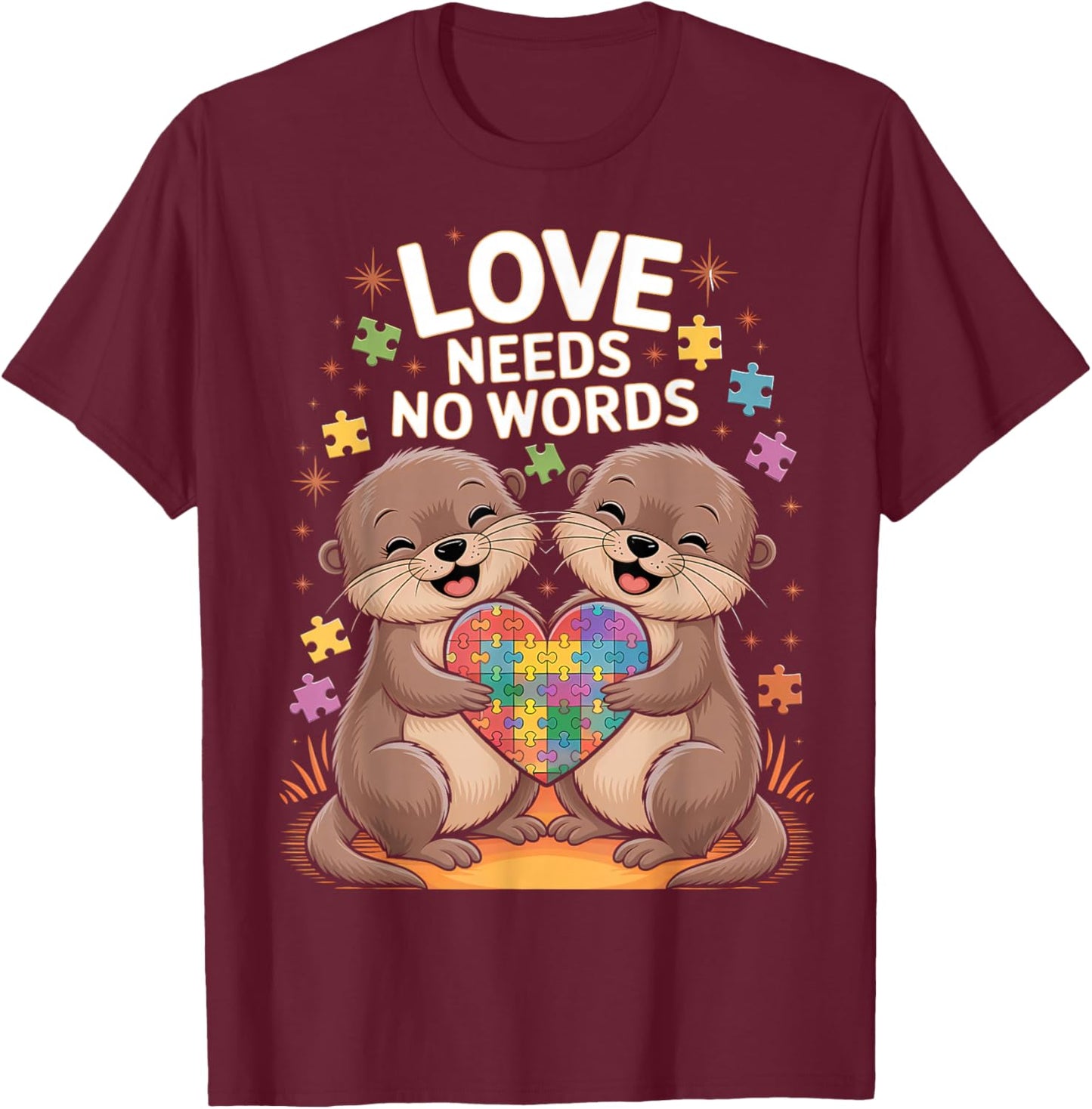 Autism Awareness Month Otter Acceptance Neurodiversity T-Shirt - T-Shirt | Maroon