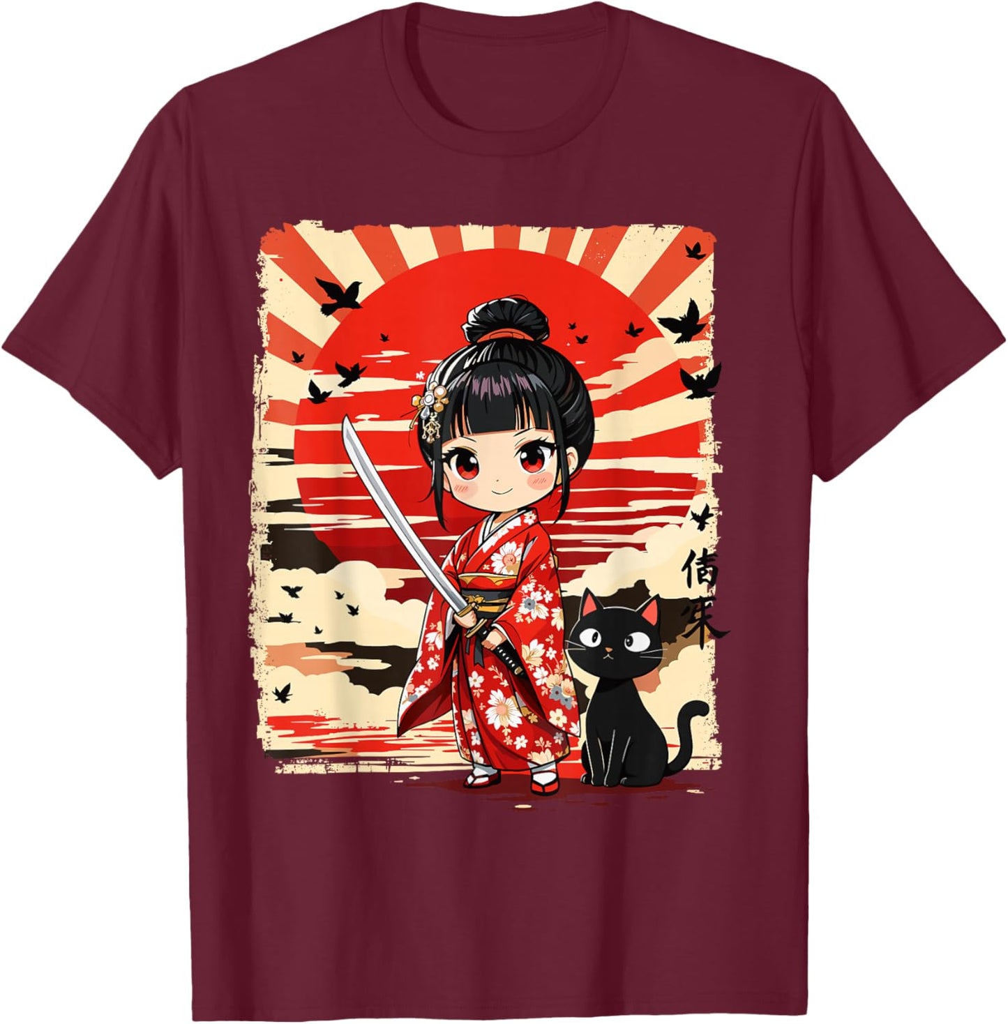 Cute Kawaii Samurai Girl and Cat Japanese Anime Kids Girls T-Shirt - T-Shirt | Maroon