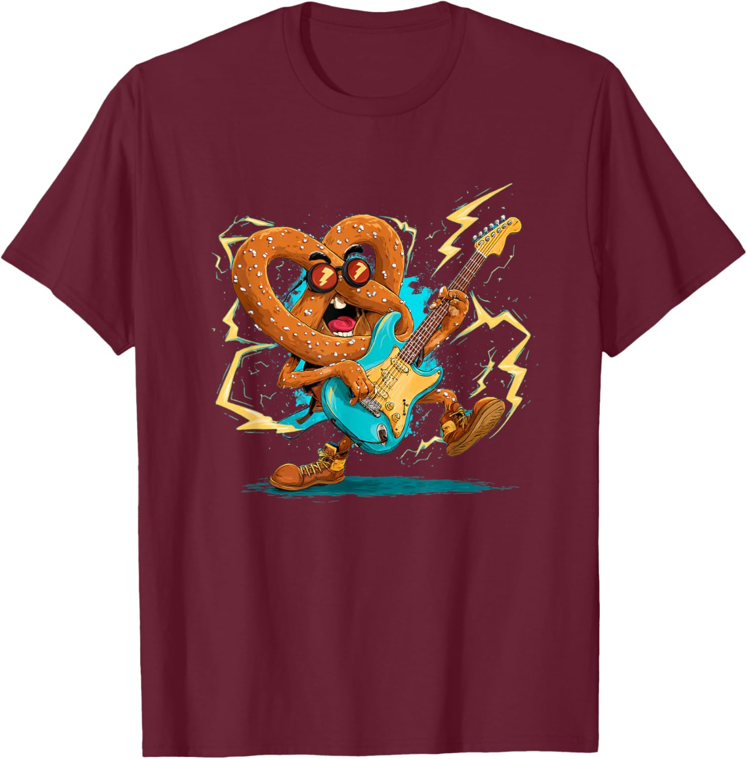 Cool Rock Pretzel with Electric Guitar and Sunglasses T-Shirt - T-Shirt | Maroon