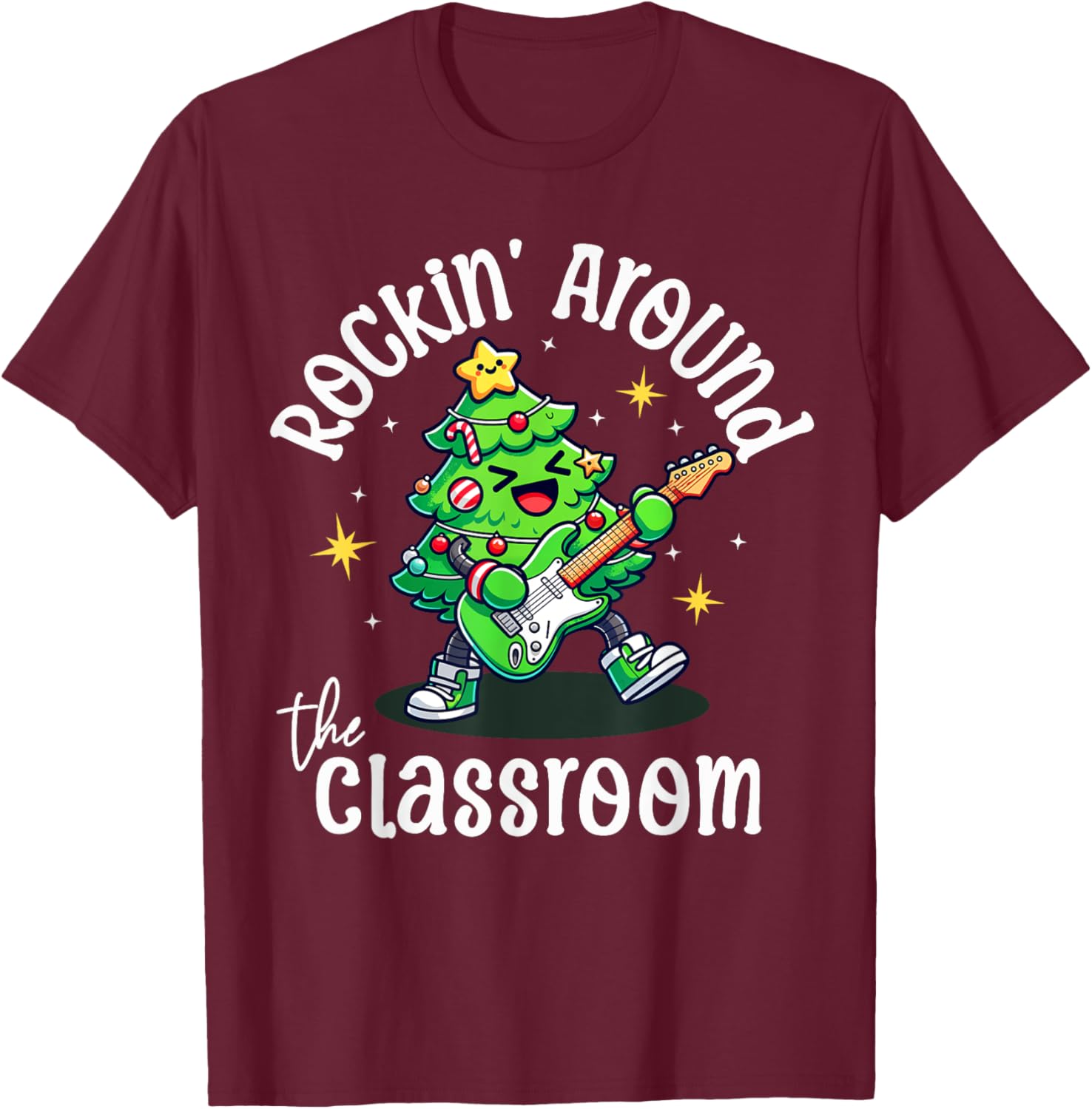 Teacher Christmas Rocking Around The Classroom Retro Holiday T-Shirt - T-Shirt | Maroon