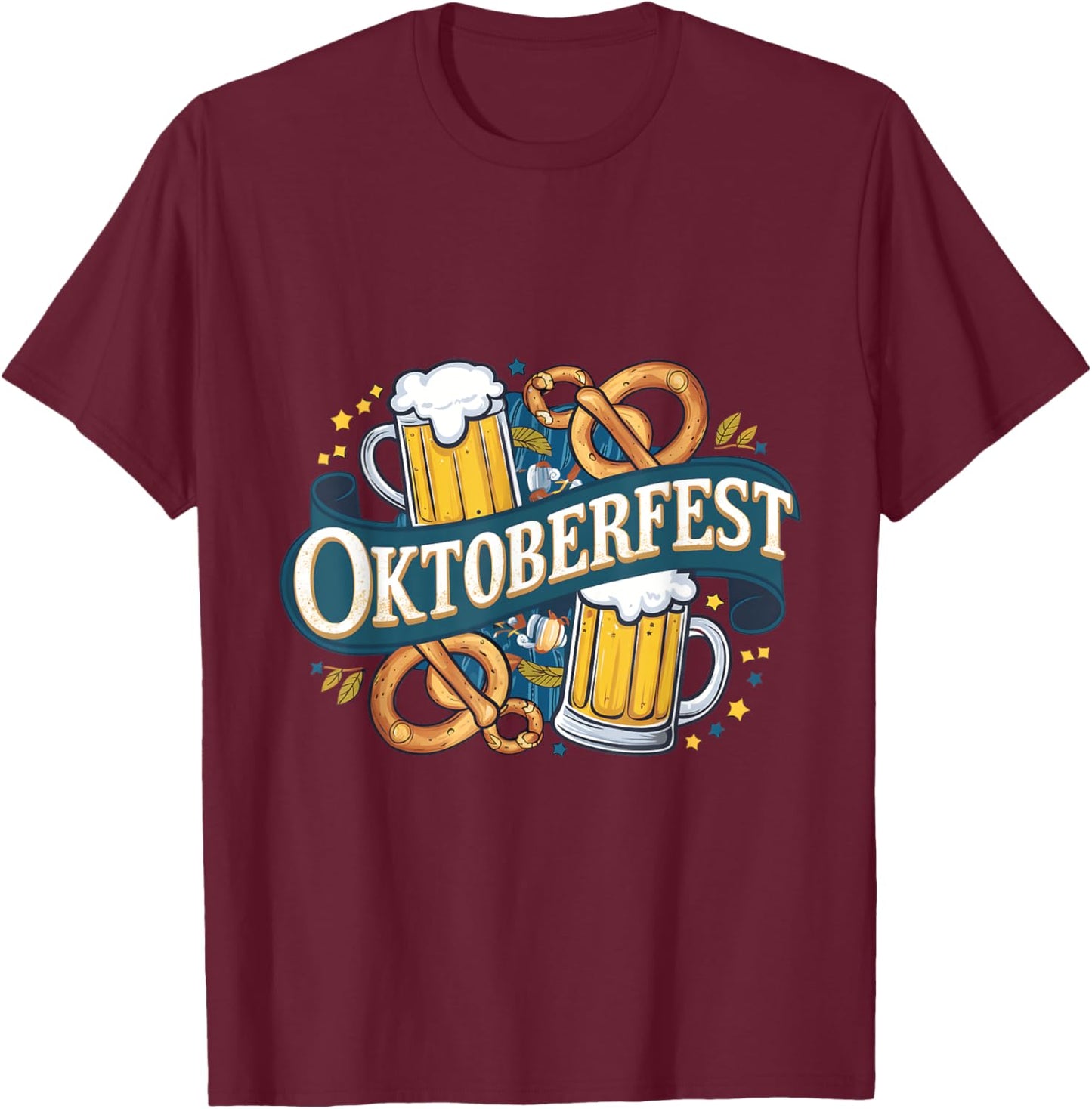 German Bavarian Oktoberfest Beer and Pretzel Party Art T-Shirt - T-Shirt | Maroon