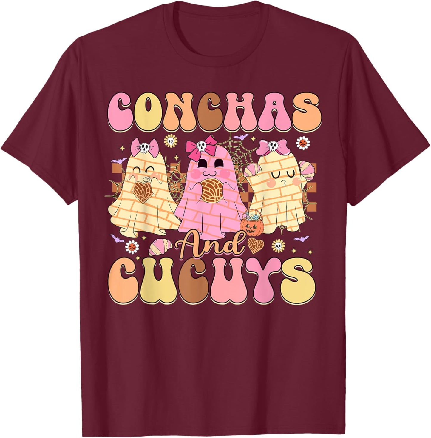 Conchas and Cucuys Mexican Coquette Ghost Halloween T-Shirt - T-Shirt | Maroon
