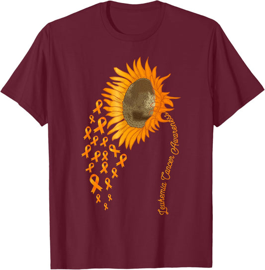 Leukemia Cancer Awareness Sunflower Orange Ribbon T-Shirt - T-Shirt | Maroon