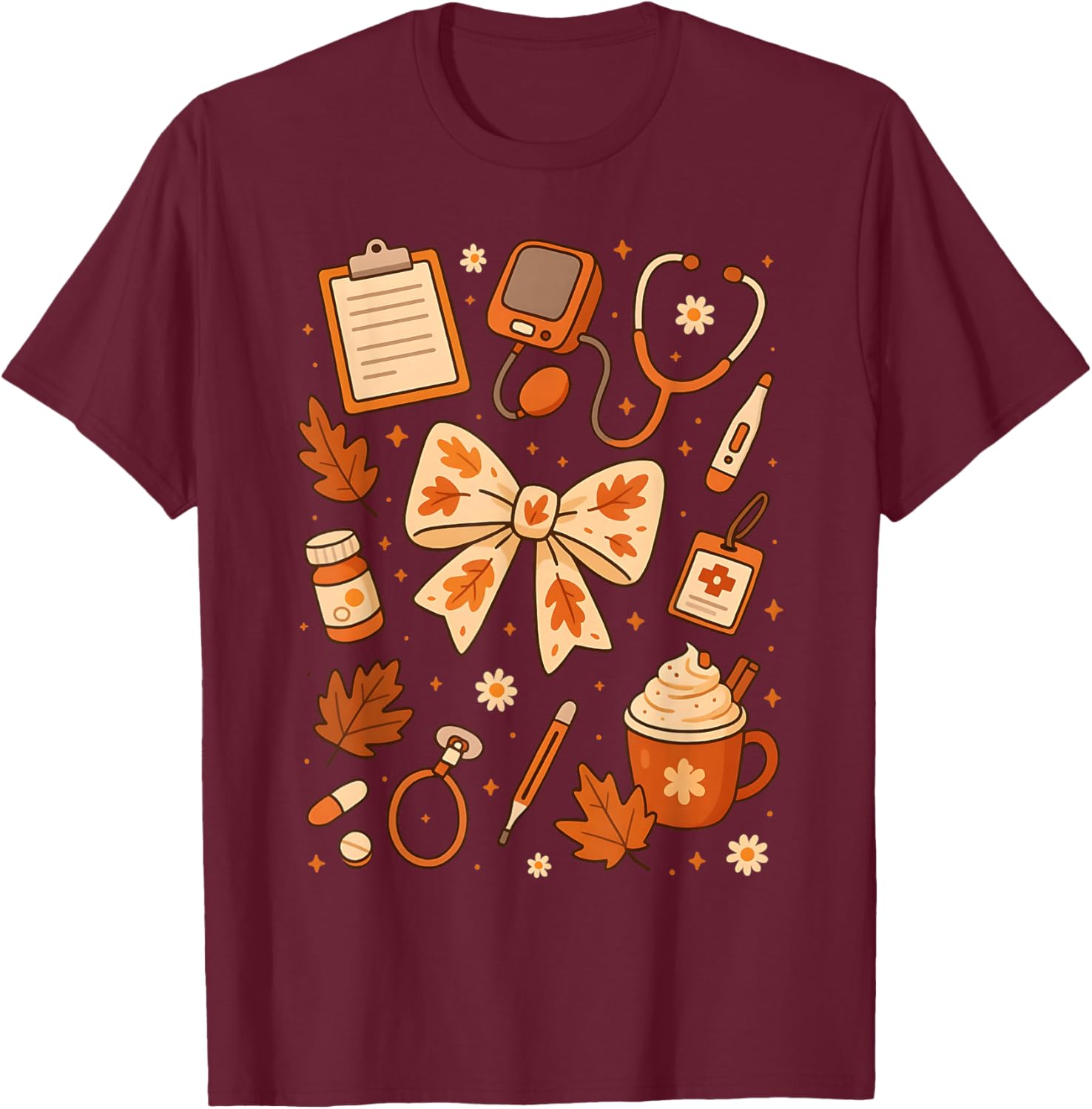 Thankful Nurse Fall Stethoscope Coquette Bow Thanksgiving T-Shirt - T-Shirt | Maroon