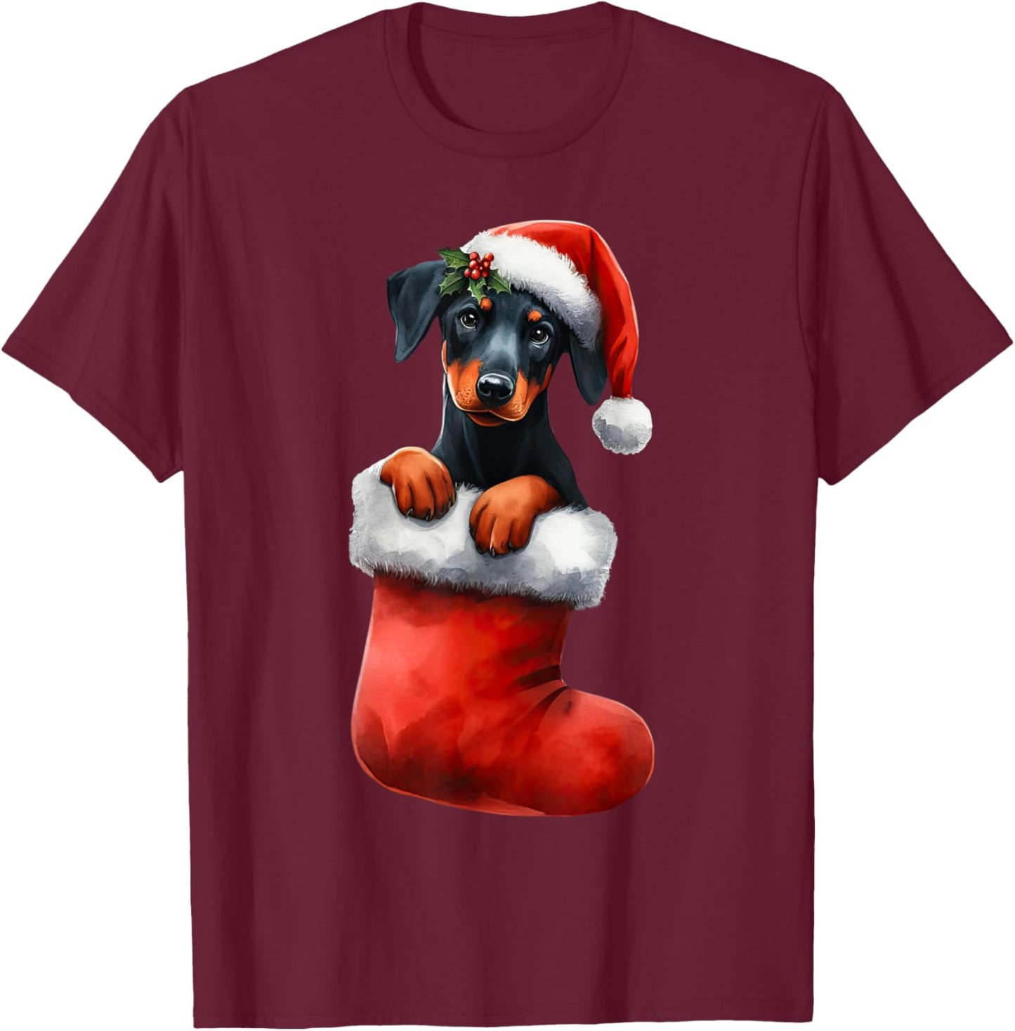 Doberman Pinscher In Sock Christmas Santa Hat Xmas Dog Lover T-Shirt - T-Shirt | Maroon