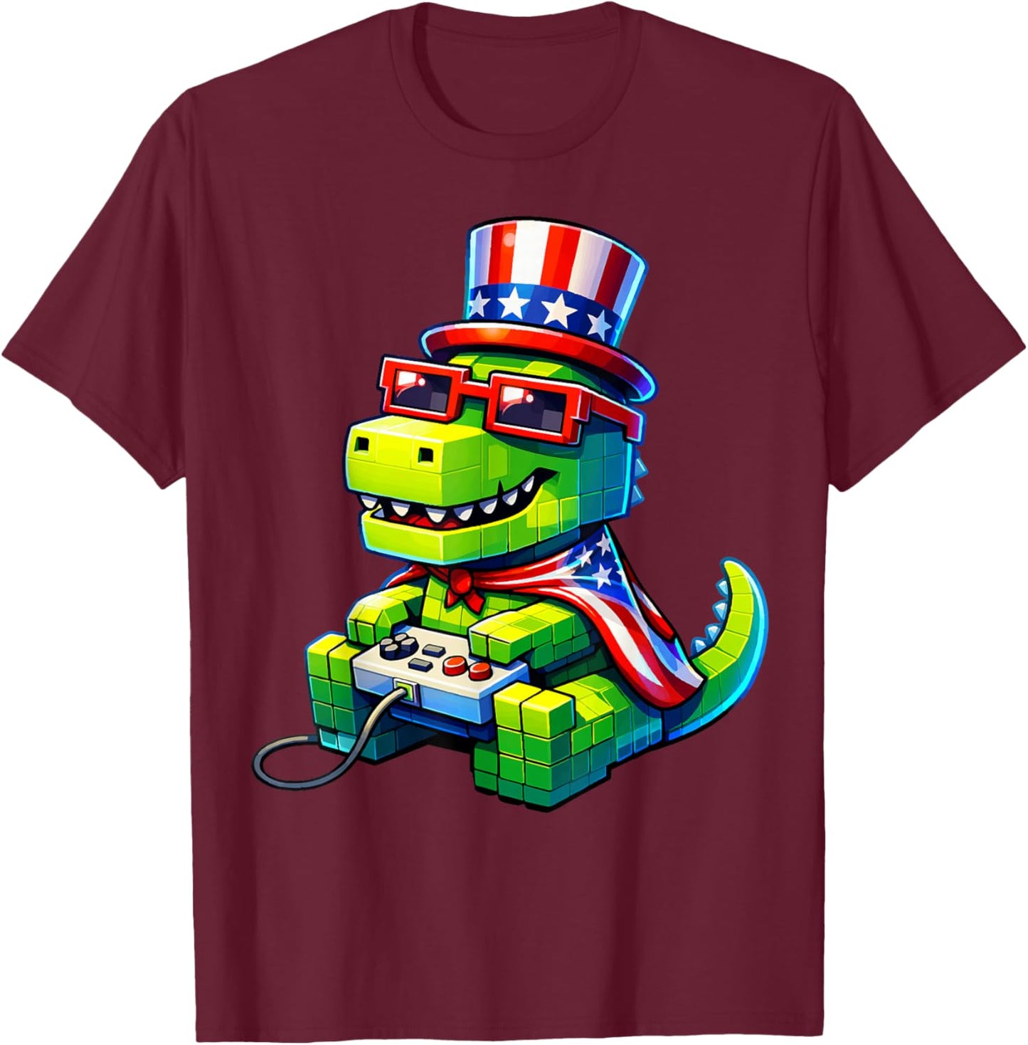4th of July Gamer Patriotic T Rex Dinosaur Pixel Video Game T-Shirt - T-Shirt | Maroon