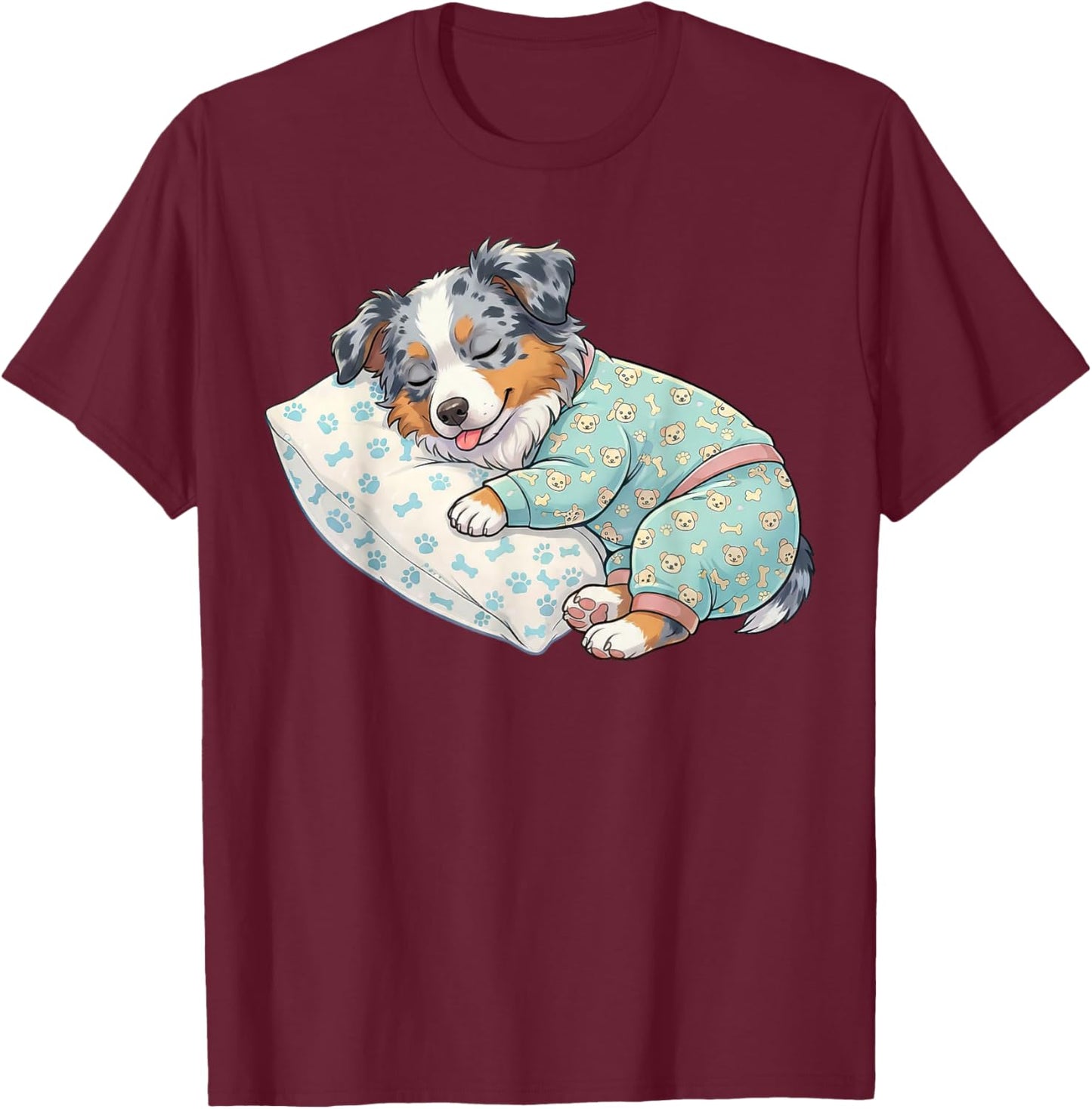 Adorable Australian Shepherd Dog Sleeping in Pajamas T-Shirt - T-Shirt | Maroon