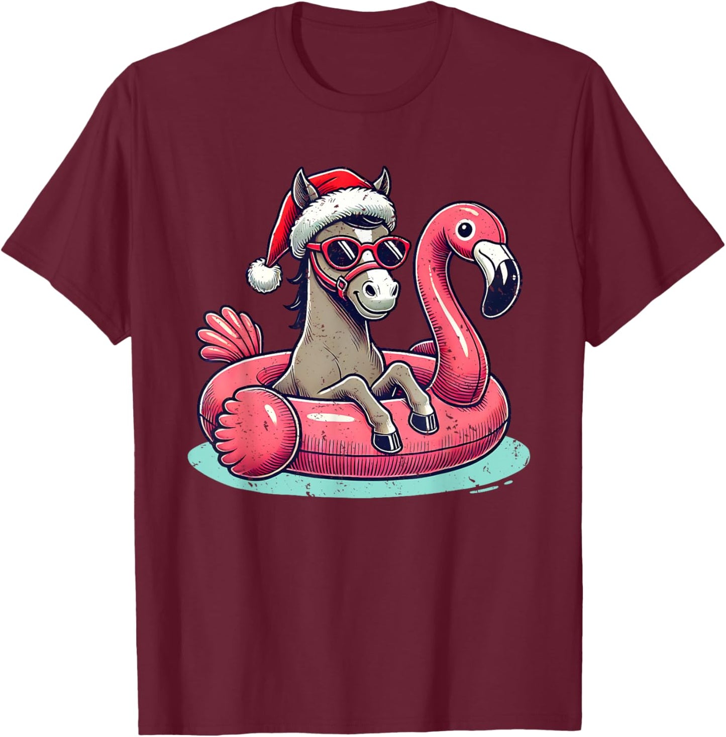 Funny Christmas in July Horse Mom Santa Flamingo Floatie T-Shirt - T-Shirt | Maroon
