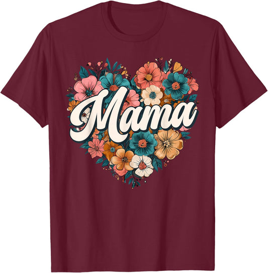 Mama Floral Heart Flower Mother's Day Vintage Retro T-Shirt - T-Shirt | Maroon