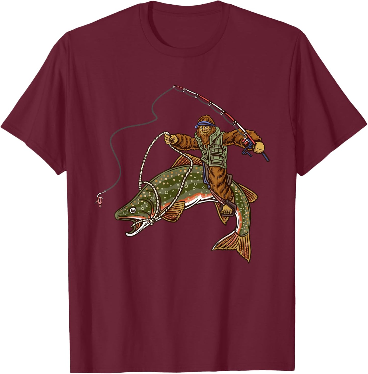 Brook Trout River Fishing Bigfoot Hunting Fishermen T-Shirt - T-Shirt | Maroon