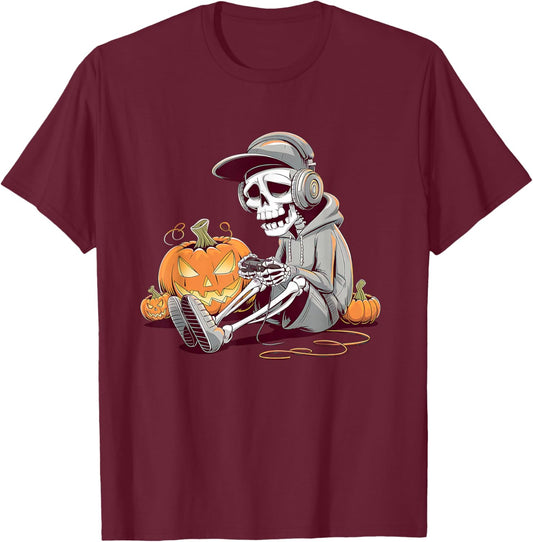 Halloween Skeleton Gamer Video Gaming Boys Men Kids T-Shirt - T-Shirt | Maroon