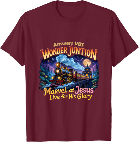 Christian Camp VBS 2025 Wonder His Glory Junction Train T-Shirt - T-Shirt | Maroon