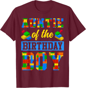 Auntie Of The Birthday Boy Building Block Bday Party T-Shirt - T-Shirt | Maroon