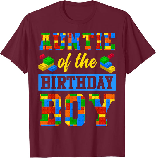 Auntie Of The Birthday Boy Building Block Bday Party T-Shirt - T-Shirt | Maroon