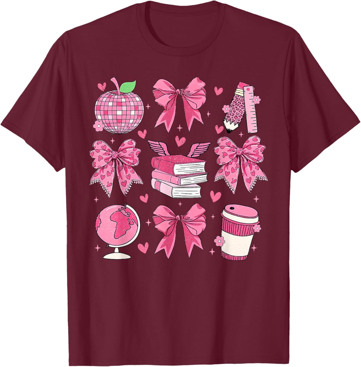 Coquette Pink Bow Apple Teacher Appreciation Valentine Day T-Shirt - T-Shirt | Maroon