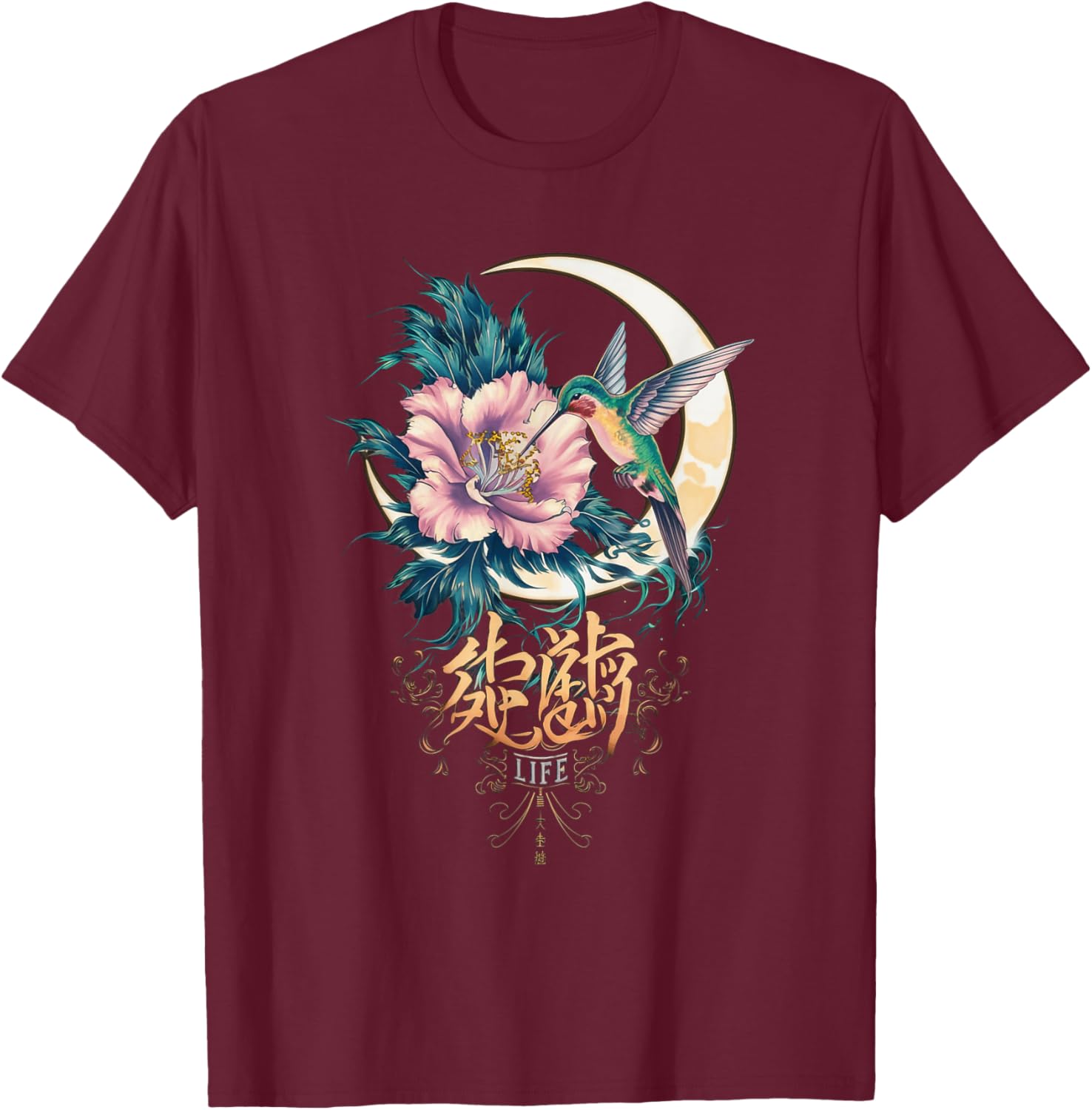 Vibrant Life Hummingbird with Hibiscus Moon Japanese Style T-Shirt - T-Shirt | Maroon