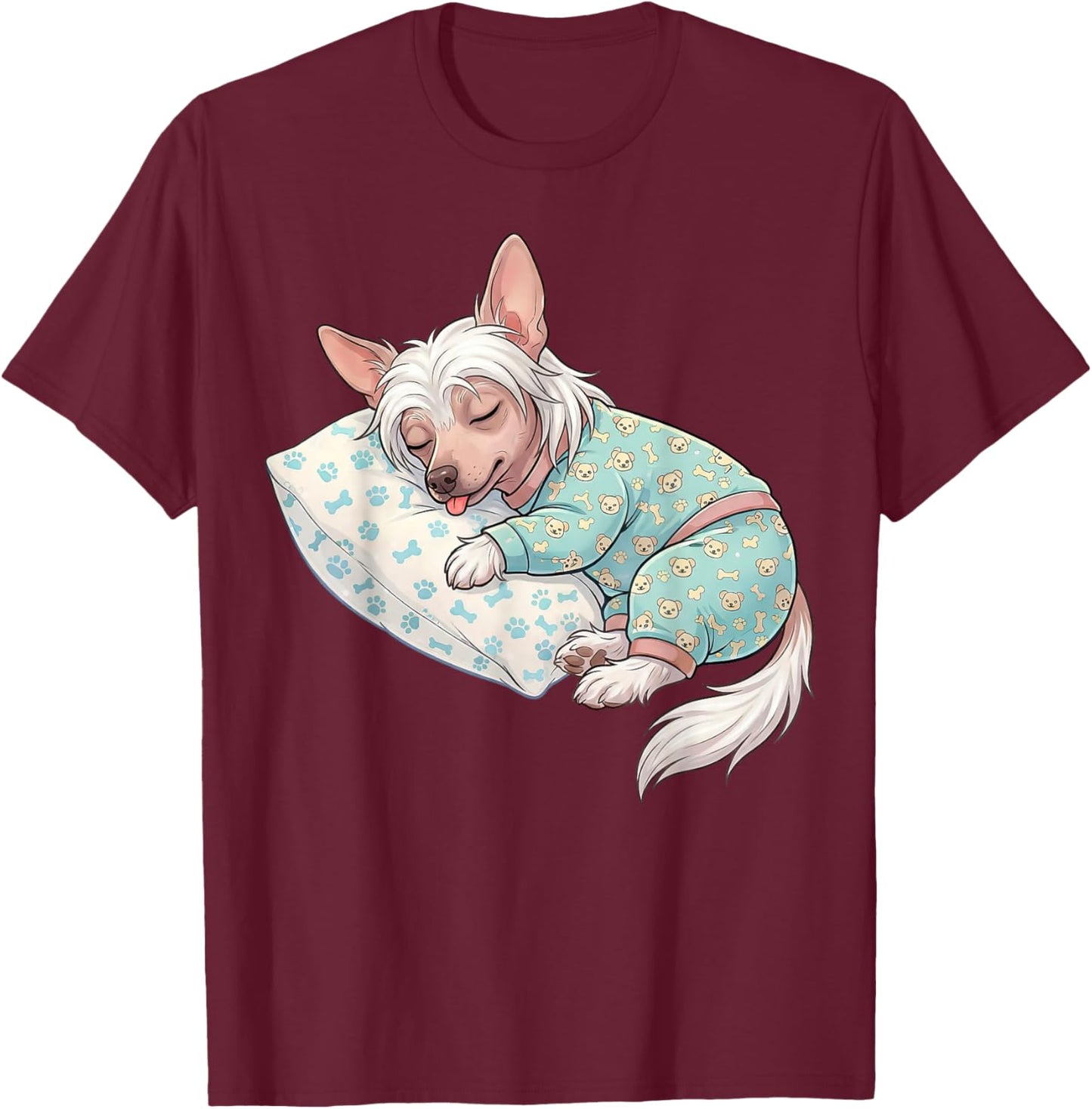 Cute Chinese Crested Dog Sleeping in Pajamas Bedtime Art T-Shirt - T-Shirt | Maroon